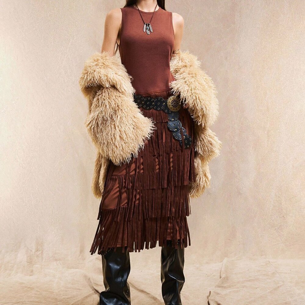 Chocolate Brown Boho Women's Party Cowgirl Splicing Long Sleeveless Tassel Dress